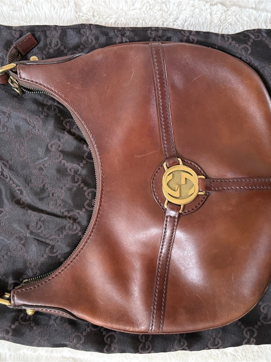 Gucci Handbags - Gucci Brown Leather Crescent Shoulder Bag with Gold Emblem